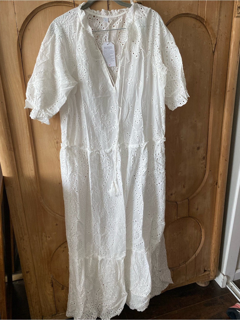 White Eyelet Midi Dress with Tassel Tie